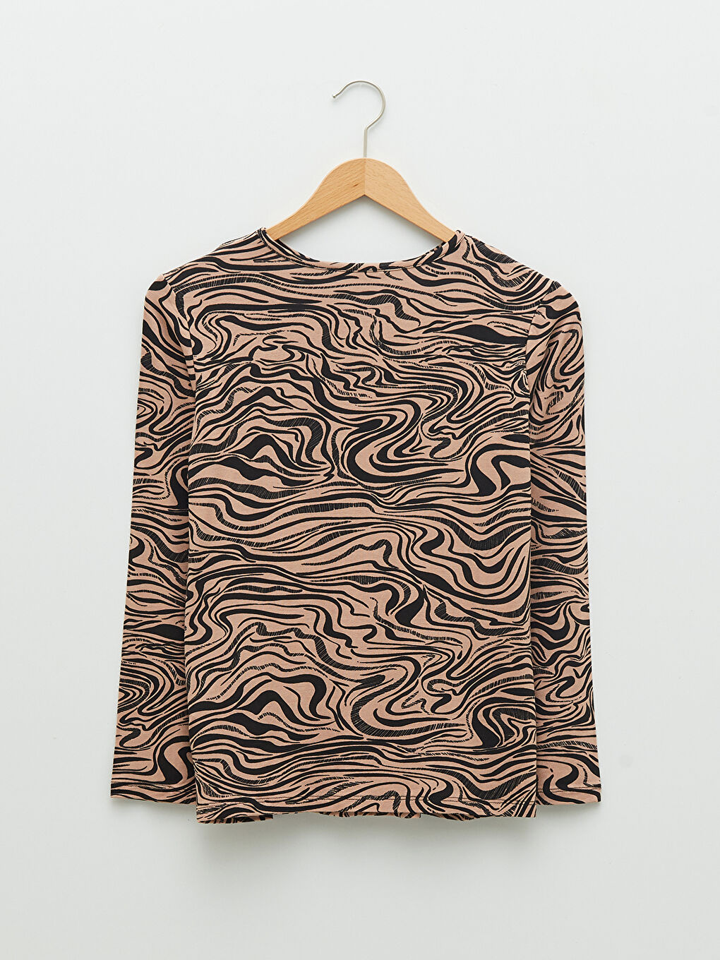 Kahverengi Bisiklet Yaka Desenli Uzun Kollu Kadın Tişört-6