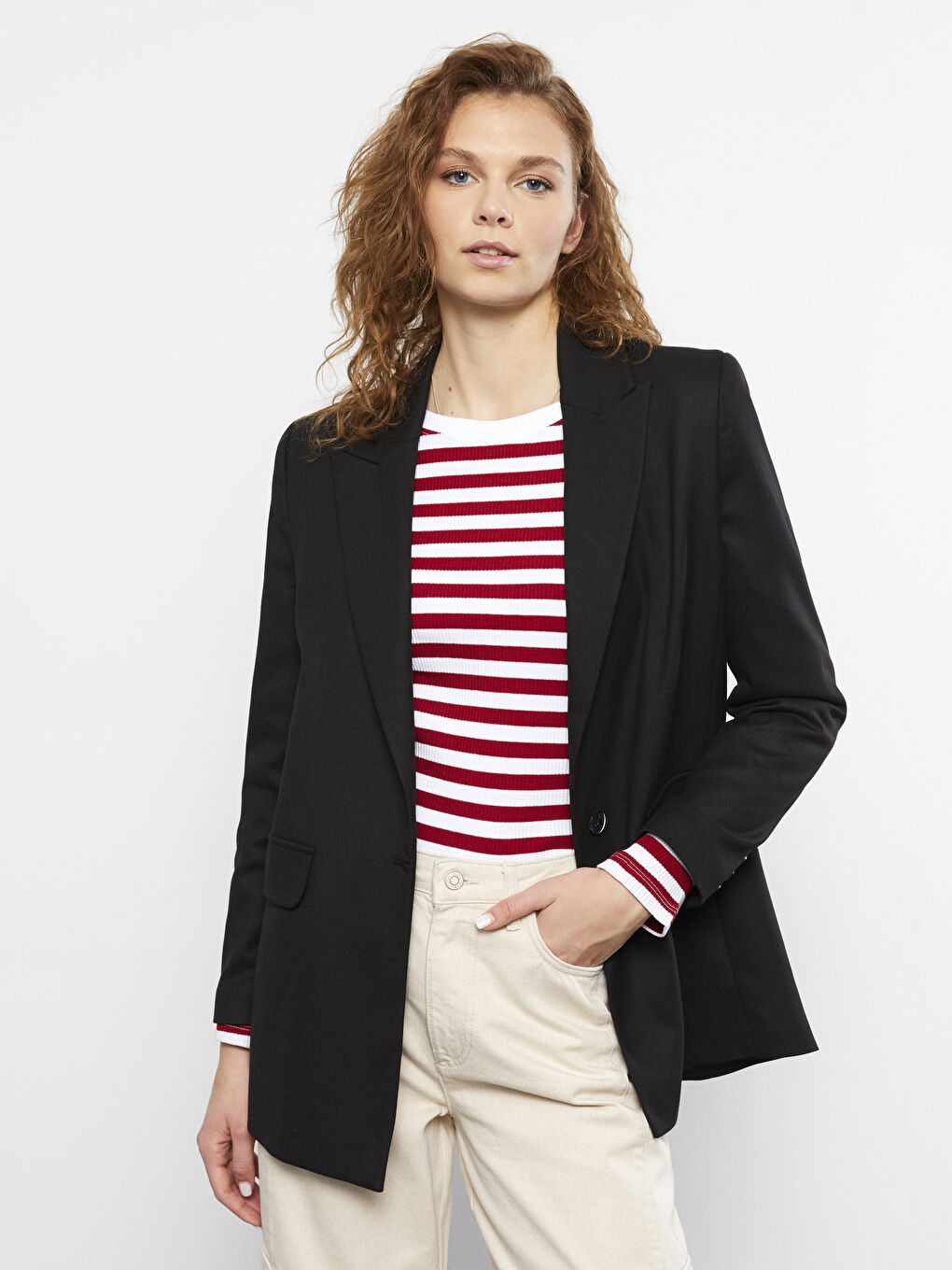 Kırmızı Bisiklet Yaka Çizgili Uzun Kollu Kadın Tişört-1