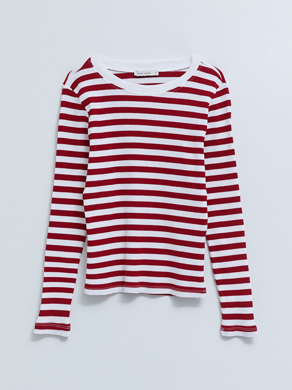Kırmızı Bisiklet Yaka Çizgili Uzun Kollu Kadın Tişört-5