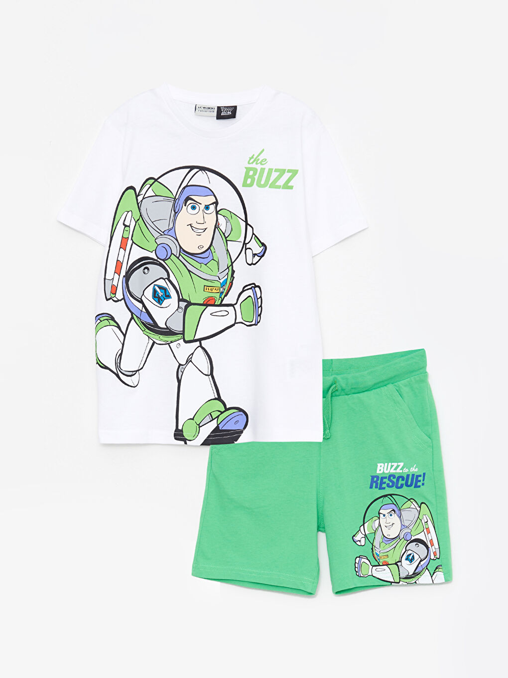 Beyaz Bisiklet Yaka Toy Story Baskılı Kısa Kollu Erkek Çocuk Tişört ve Şort