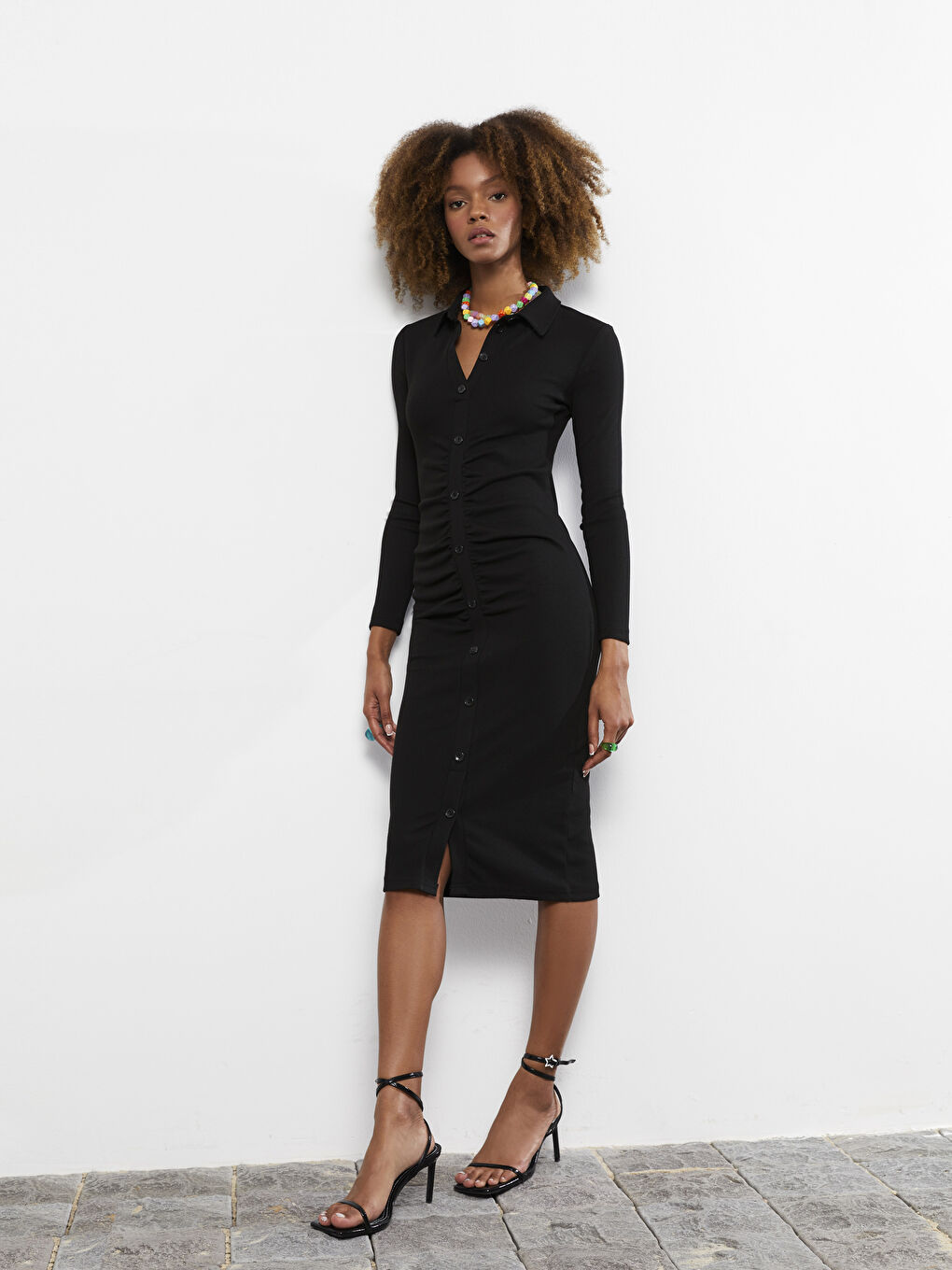 Shirt Collar Plain Long Sleeve Women Bodycon Dress -S2FJ64Z8-CVL