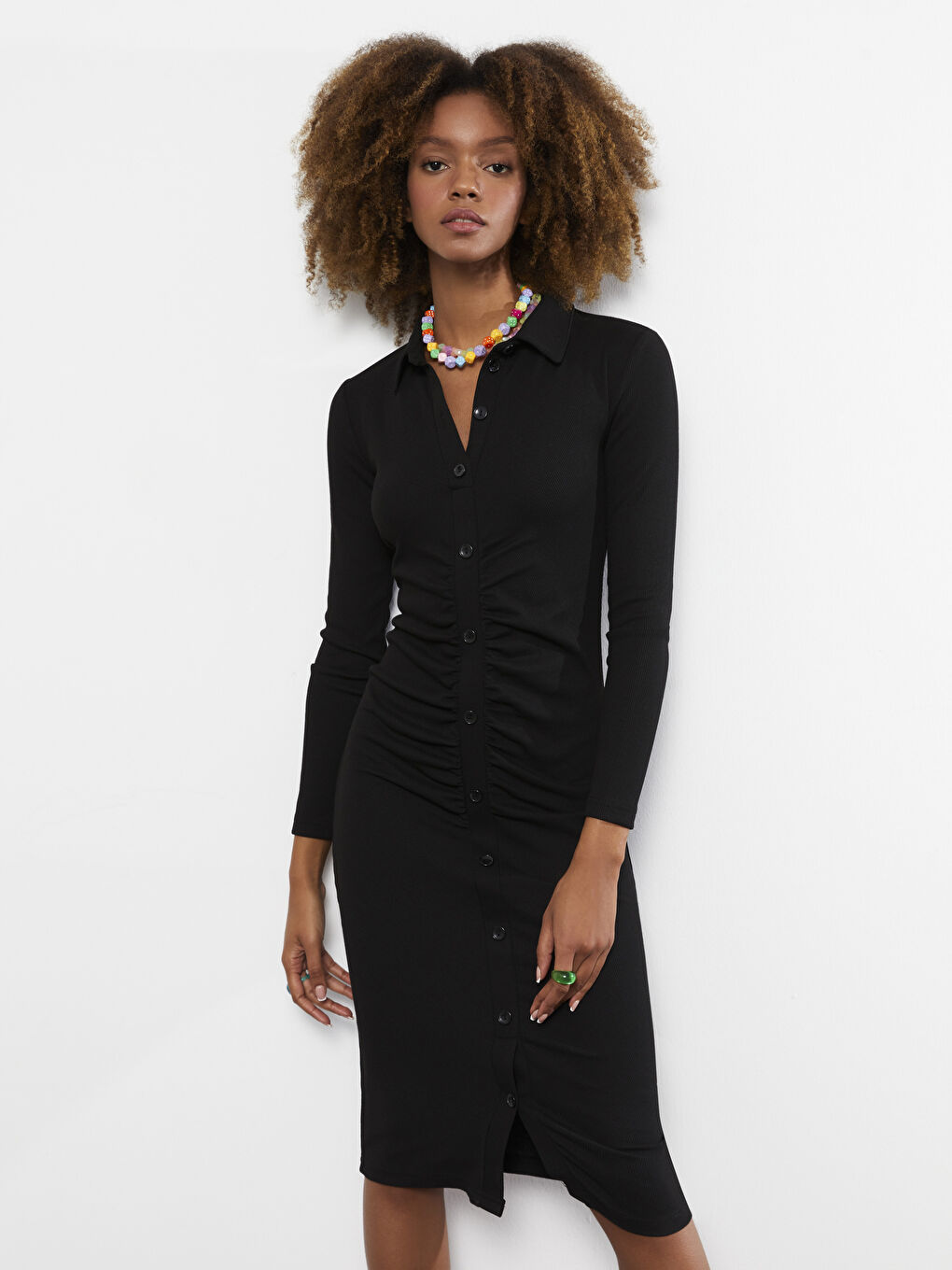 Shirt Collar Plain Long Sleeve Women Bodycon Dress -S2FJ64Z8-CVL