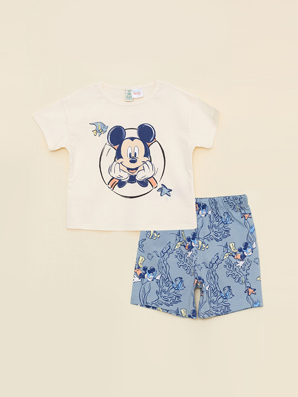 Crew Neck Short Sleeve Mickey Mouse Printed Cotton Baby Boy Pajamas Set