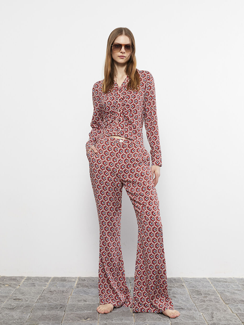 Slim Fit Patterned Spanish Leg Viscose Women's Trousers-1