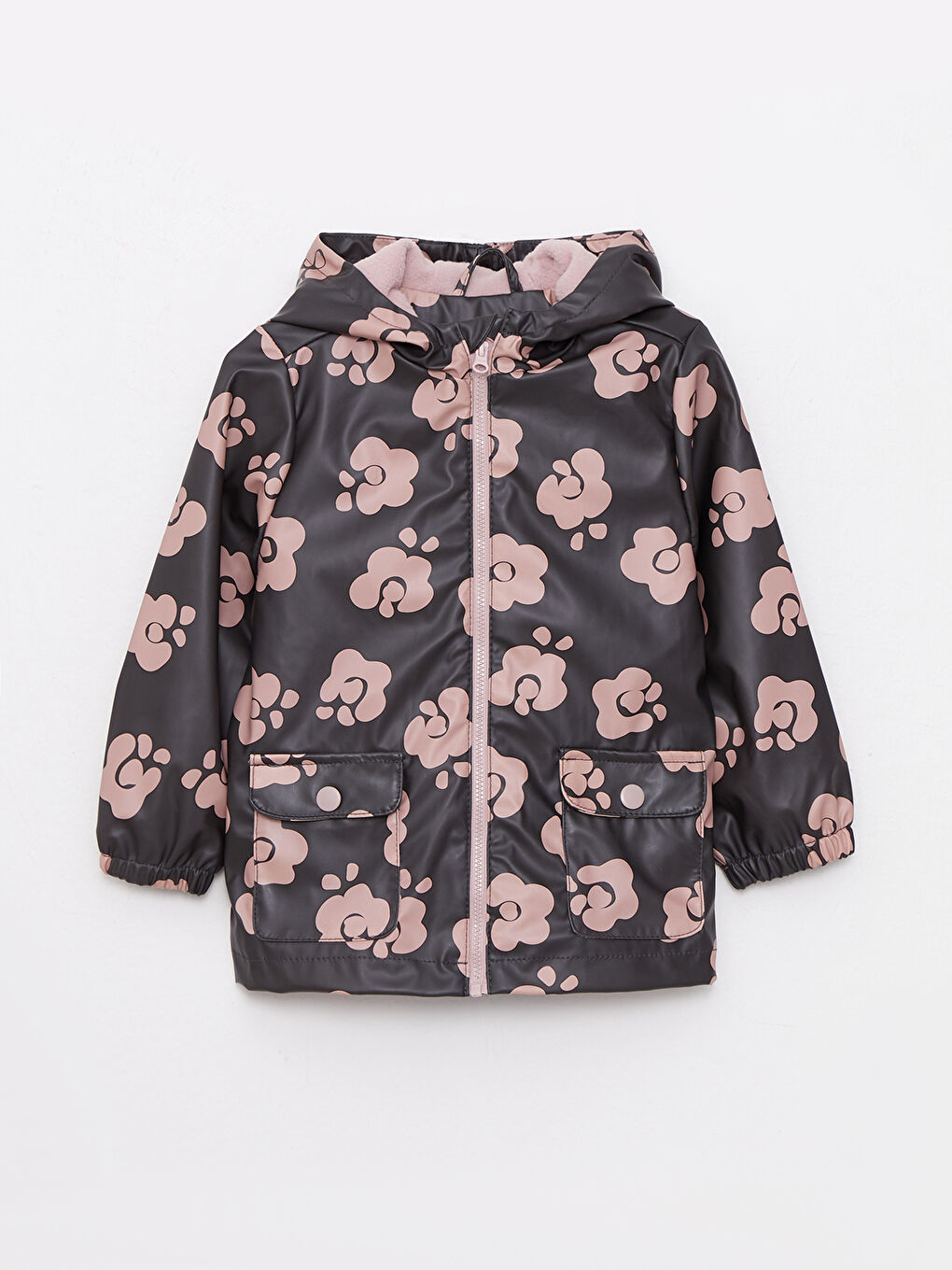 Antrasit Kapüşonlu Uzun Kollu Baskılı Kız Bebek Mont