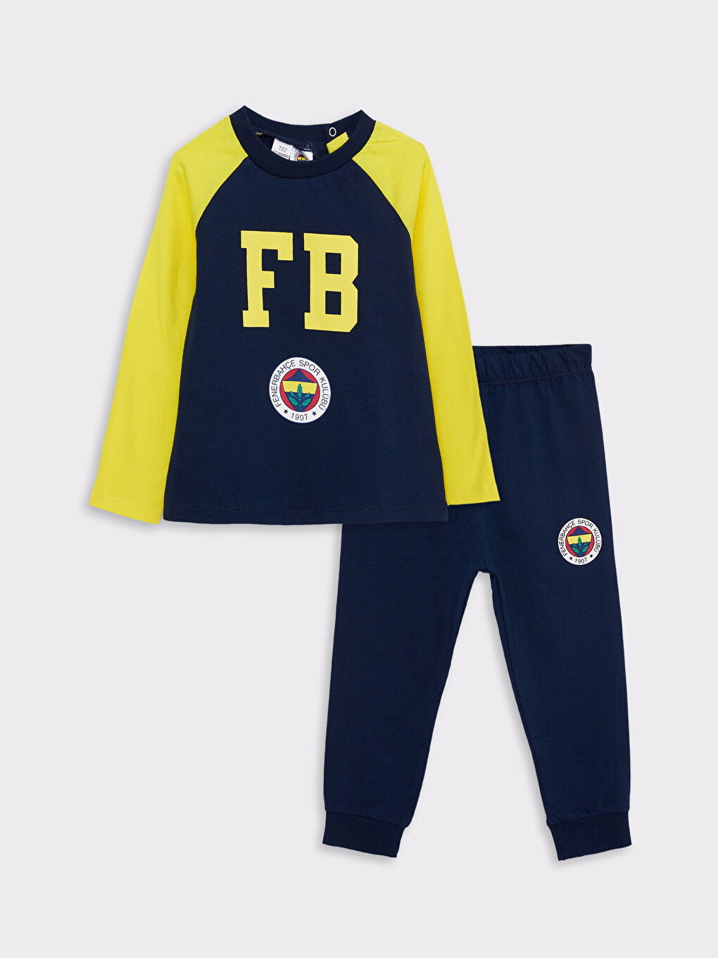 Lacivert Bisiklet Yaka Uzun Kollu Fenerbahçe Baskılı Pamuklu Erkek Bebek Taraftar Pijama Takımı