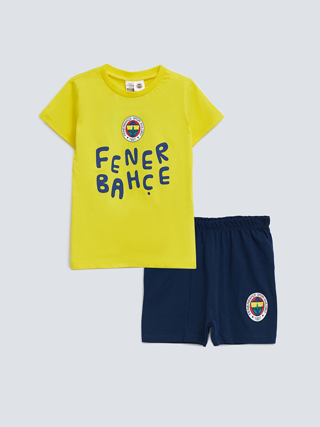 Sarı Bisiklet Yaka Kısa Kollu Fenerbahçe Baskılı Erkek Bebek Taraftar Pijama Takımı