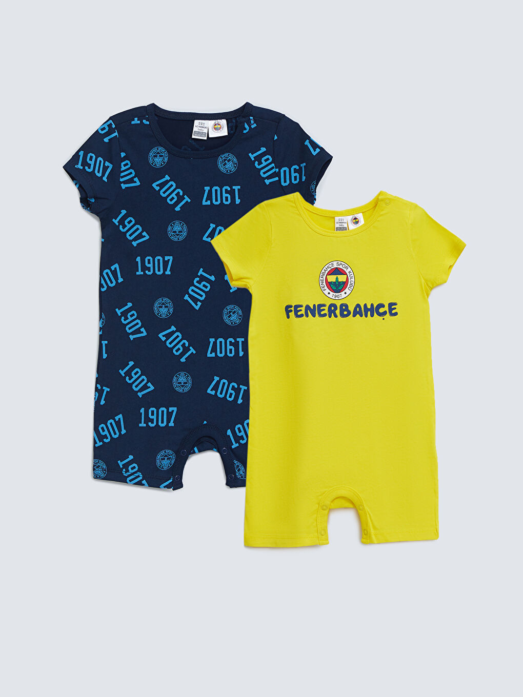 Sarı Bisiklet Yaka Kısa Kollu Fenerbahçe Baskılı Erkek Bebek Taraftar Tulum 2'li