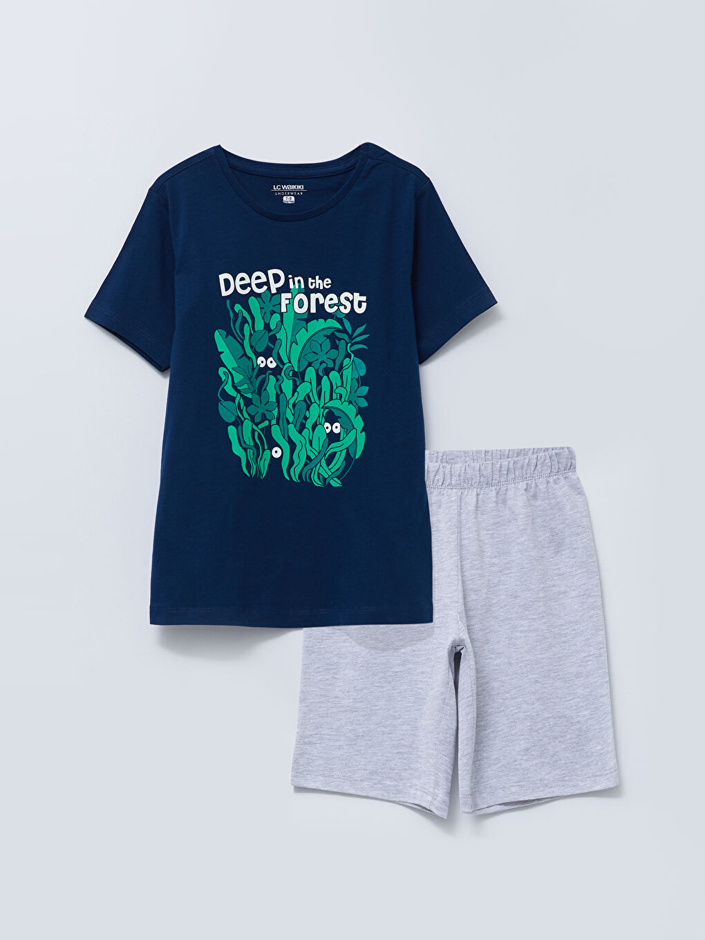 Lacivert Bisiklet Yaka Karanlıkta Parlayan Baskılı Kısa Kollu Erkek Çocuk Pijama Takımı-2