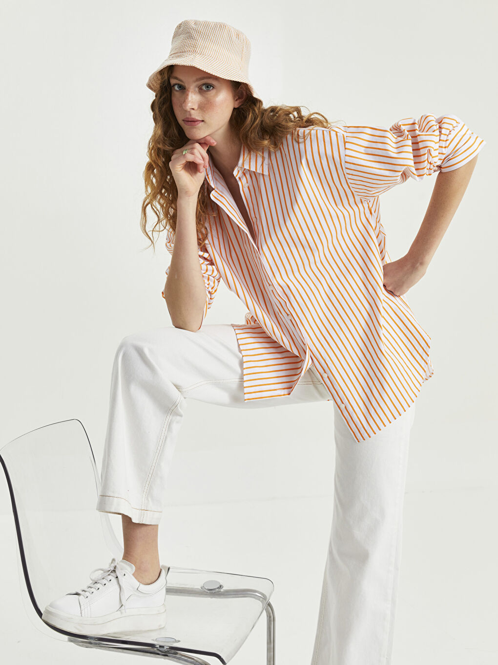 Turuncu Önden Düğme Kapamalı Çizgili Uzun Kollu Poplin Kadın Gömlek