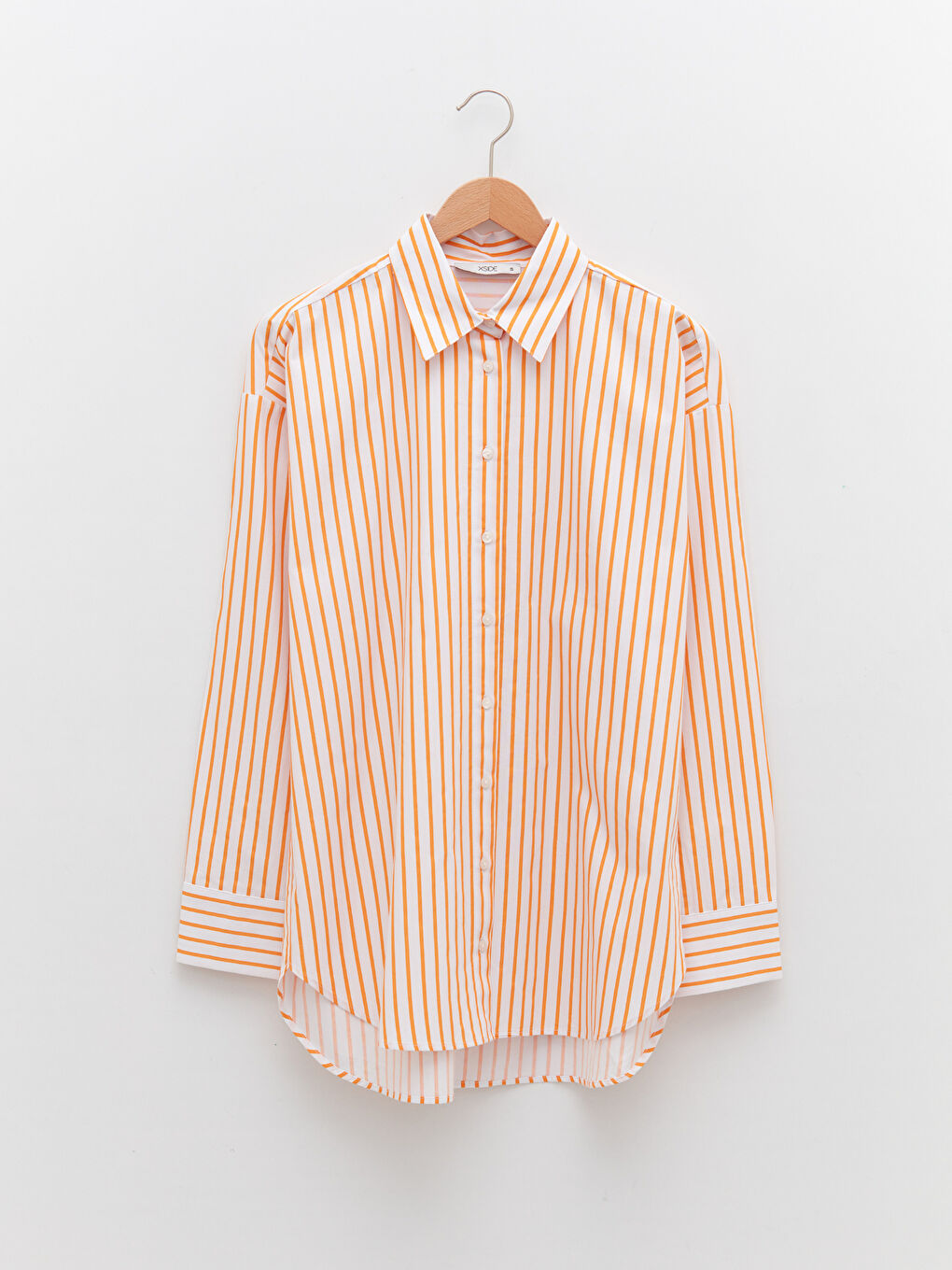 Turuncu Önden Düğme Kapamalı Çizgili Uzun Kollu Poplin Kadın Gömlek-6