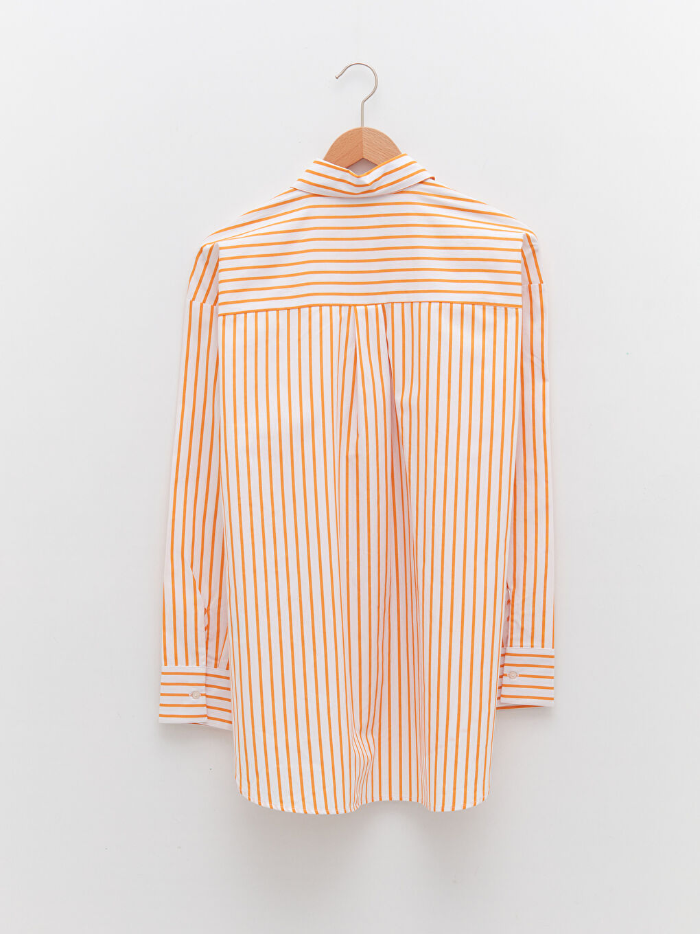 Turuncu Önden Düğme Kapamalı Çizgili Uzun Kollu Poplin Kadın Gömlek-7