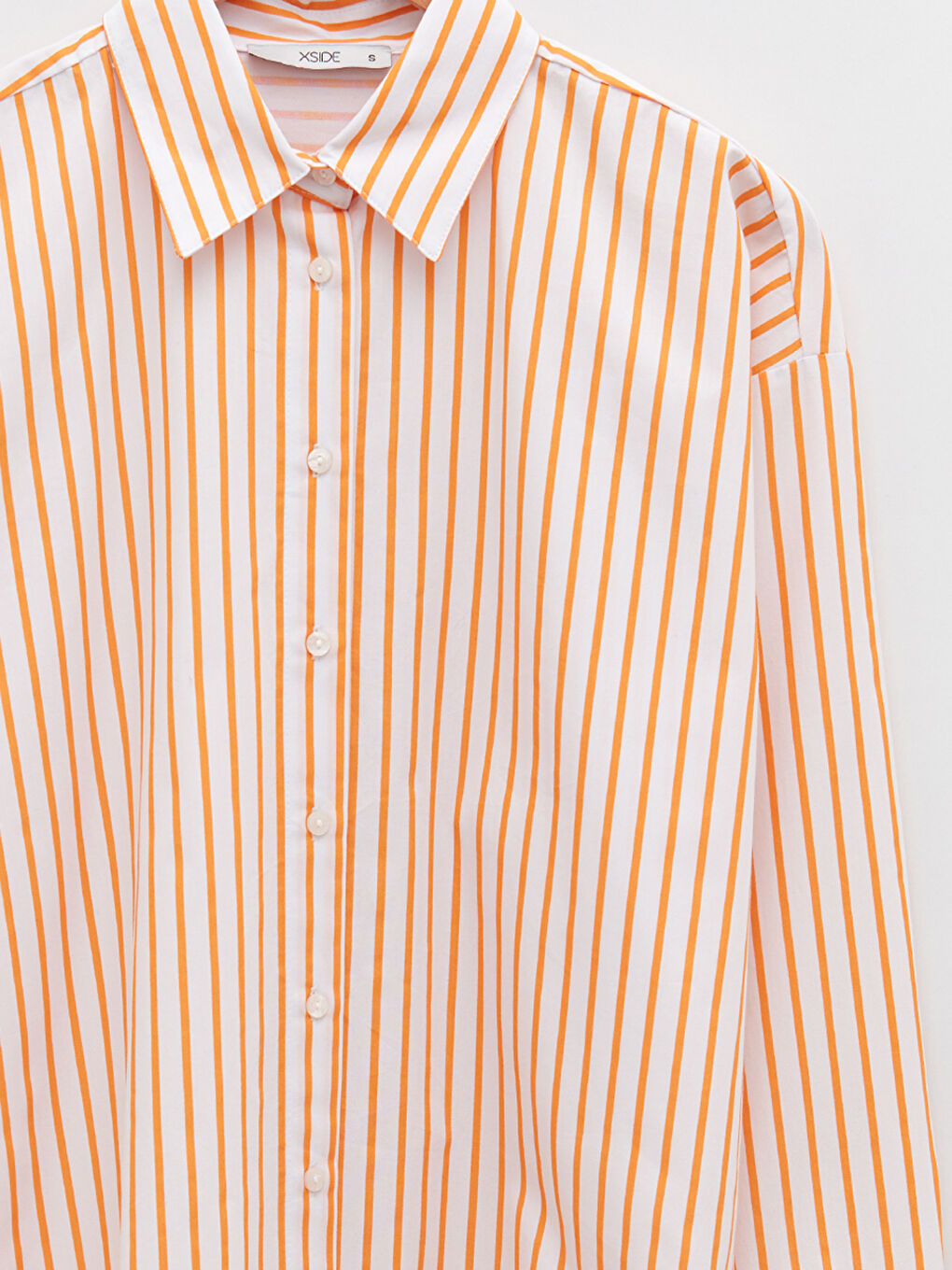 Turuncu Önden Düğme Kapamalı Çizgili Uzun Kollu Poplin Kadın Gömlek-8