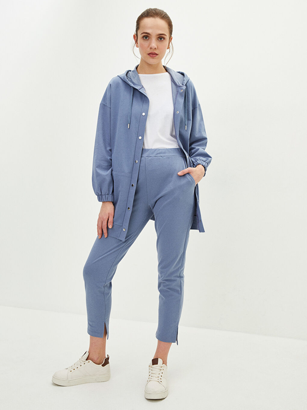 Mavi Kadın Beli Lastikli Düz Eşofman Altı