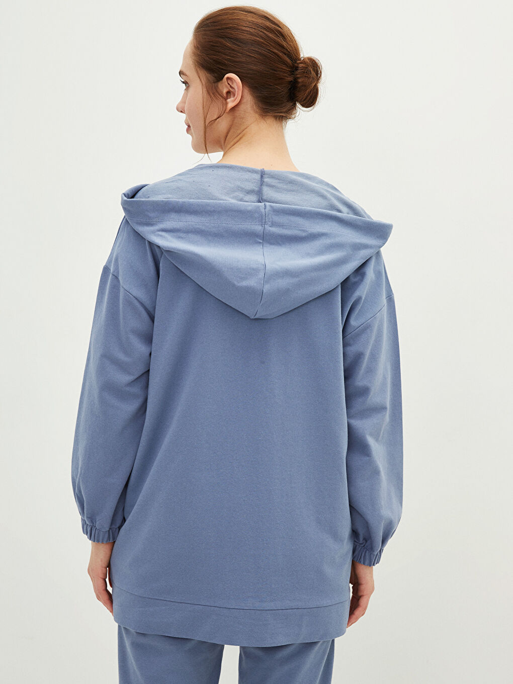 Mavi Kapüşonlu Düz Uzun Kollu Kadın Spor Hırka-5