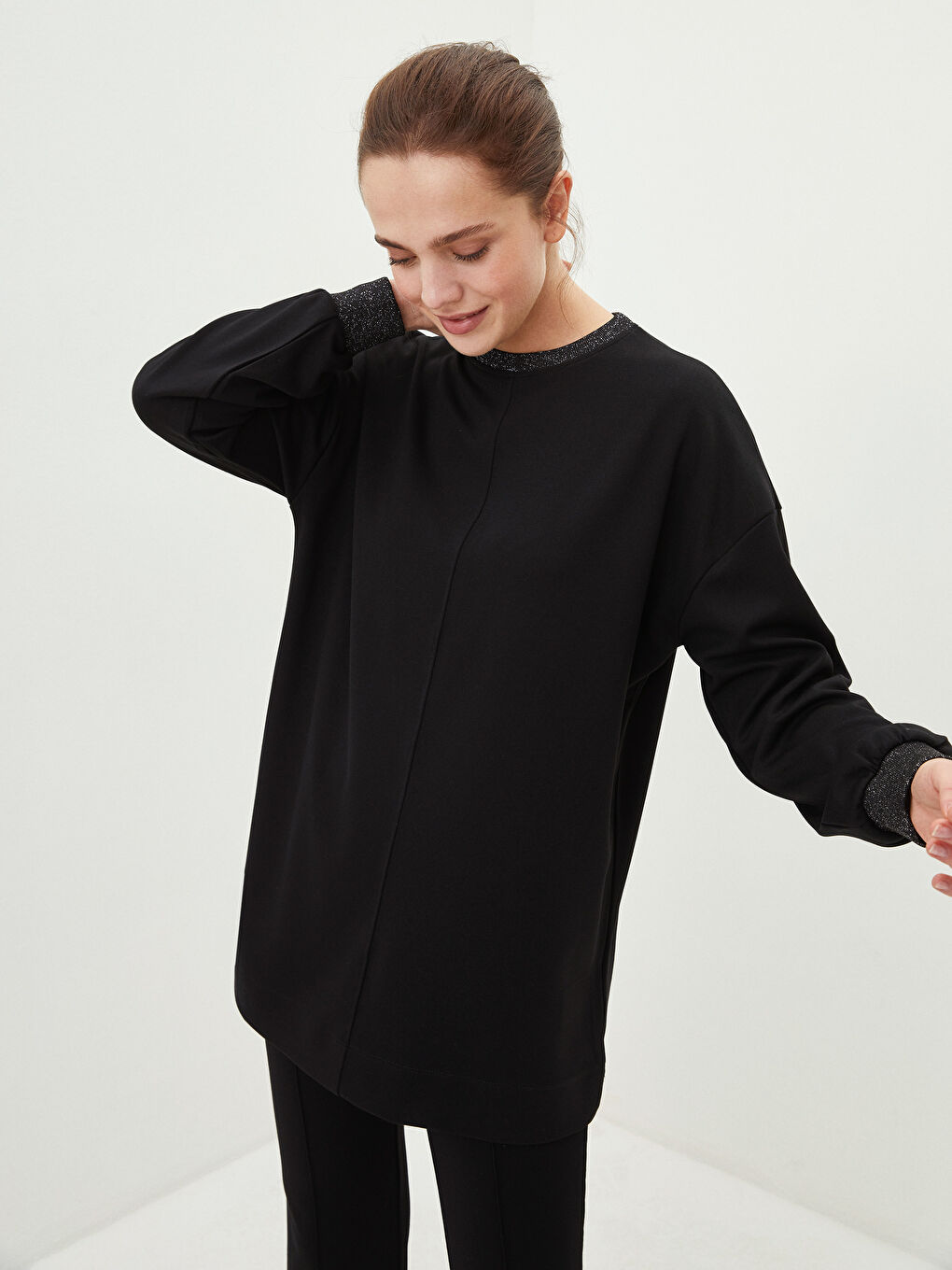 Crew Neck Stripe Detailed Long Sleeve Women's Tunic