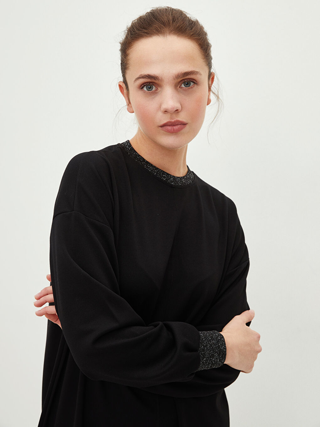 Crew Neck Stripe Detailed Long Sleeve Women's Tunic-1