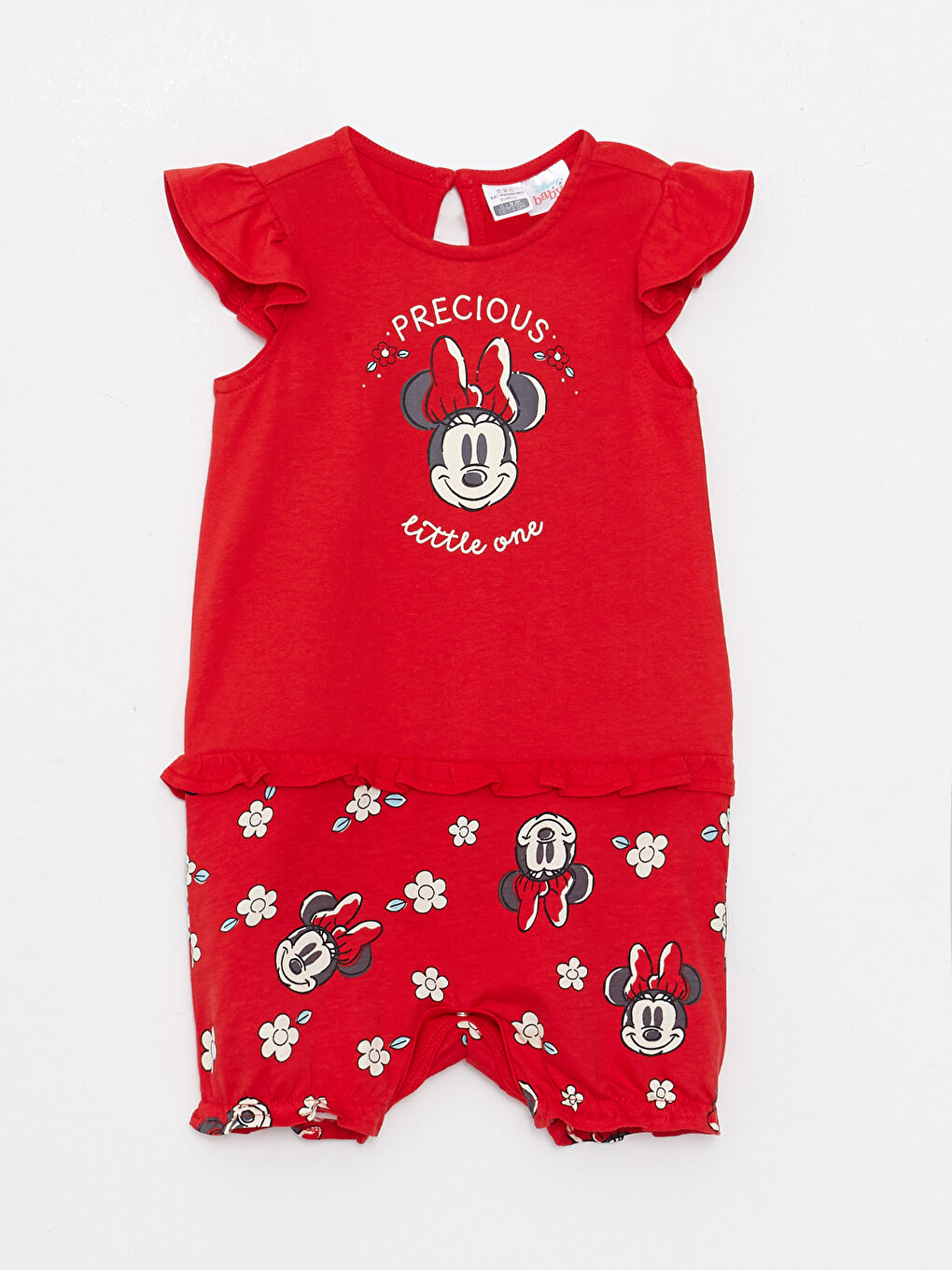 Kırmızı Bisiklet Yaka Minnie Mouse Baskılı Pamuklu Kız Bebek Tulum