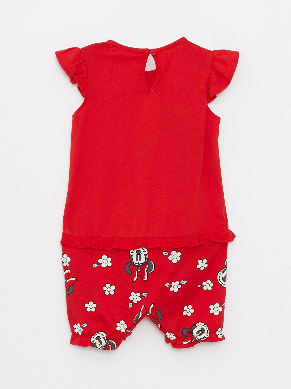 Kırmızı Bisiklet Yaka Minnie Mouse Baskılı Pamuklu Kız Bebek Tulum-1