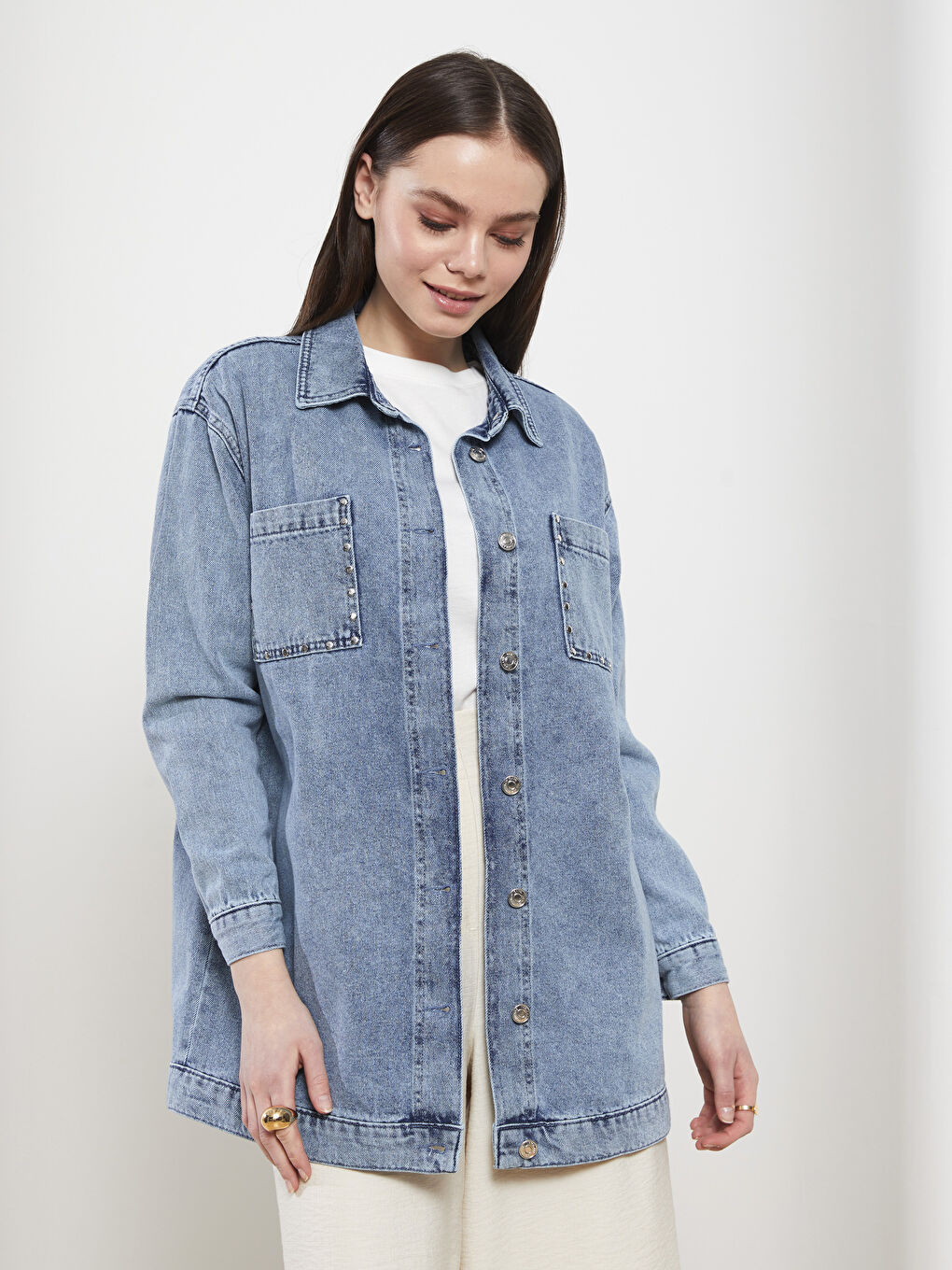 Collared Neck Plain Long Sleeve Women's Denim Tunic-1