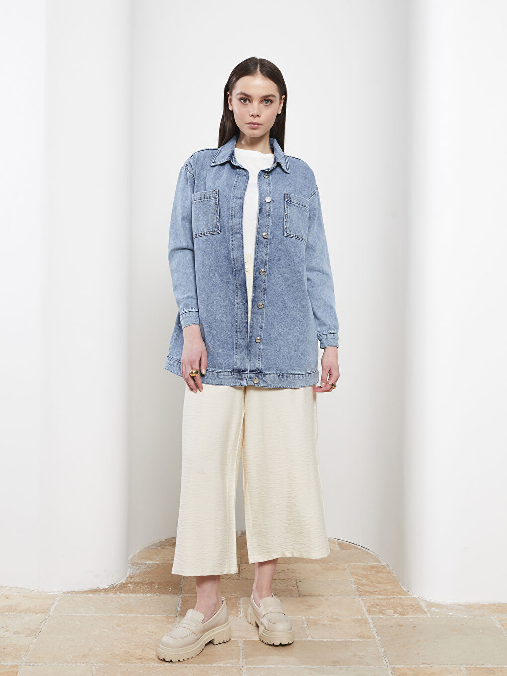 Collared Neck Plain Long Sleeve Women's Denim Tunic-2