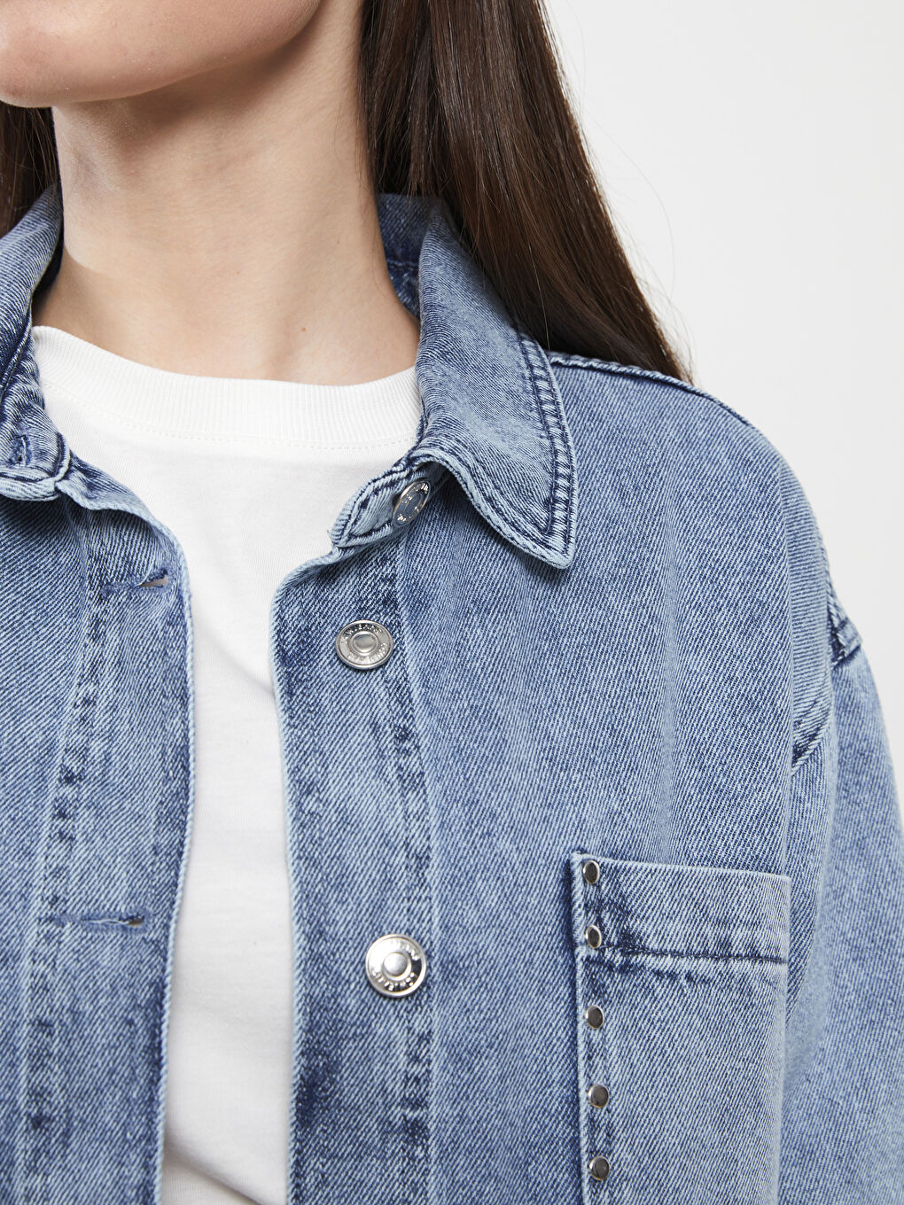 Collared Neck Plain Long Sleeve Women's Denim Tunic-3