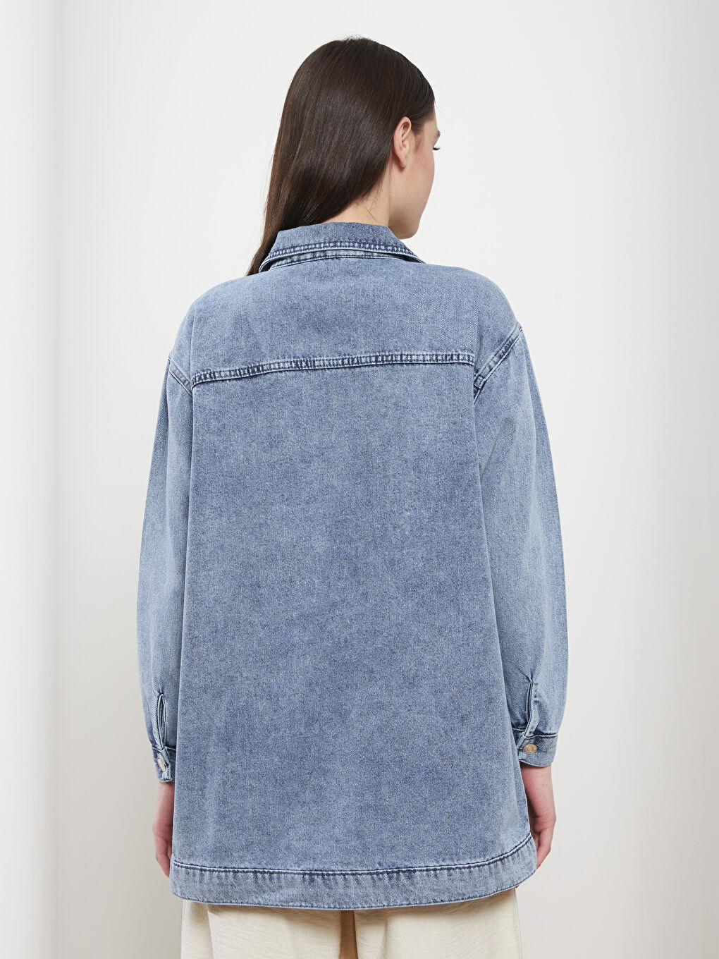 Collared Neck Plain Long Sleeve Women's Denim Tunic-4