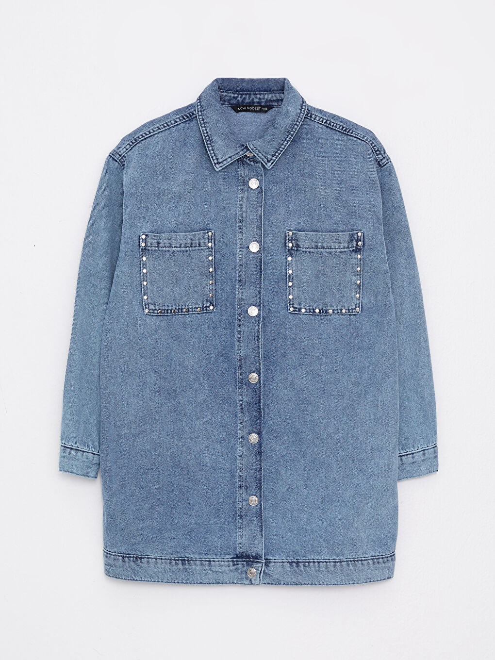 Collared Neck Plain Long Sleeve Women's Denim Tunic-5