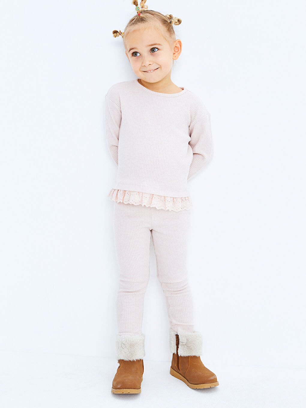 Pembe Bisiklet Yaka Uzun Kollu Basic Kız Bebek Tişört ve Tayt 2'li