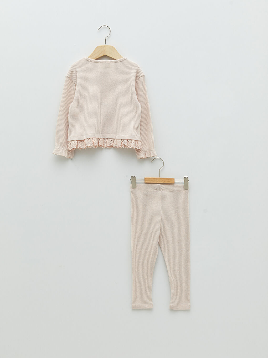 Pembe Bisiklet Yaka Uzun Kollu Basic Kız Bebek Tişört ve Tayt 2'li-3