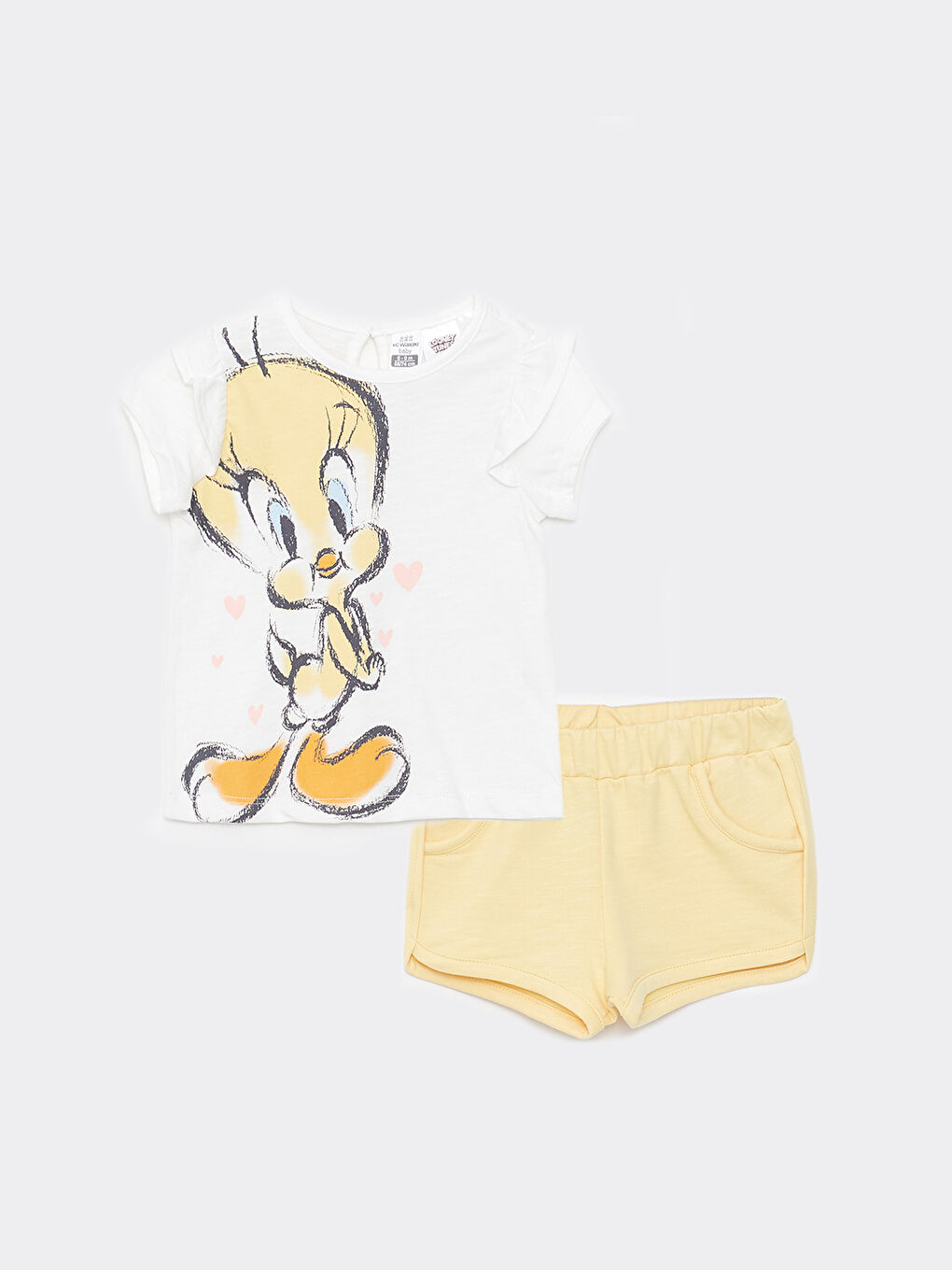 Ekru Bisiklet Yaka Kısa Kollu Tweety Baskılı Pamuklu Kız Bebek Tişört ve Şort 2'li Takım