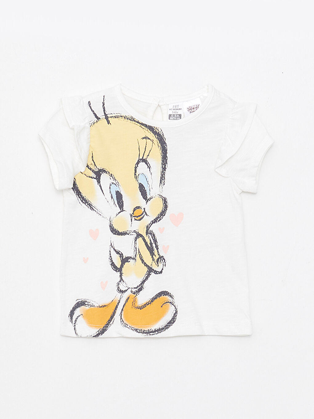 Ekru Bisiklet Yaka Kısa Kollu Tweety Baskılı Pamuklu Kız Bebek Tişört ve Şort 2'li Takım-1