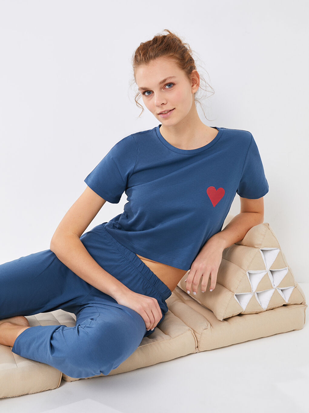 Crew Neck Printed Short Sleeve Cotton Women's Pajama Set-1