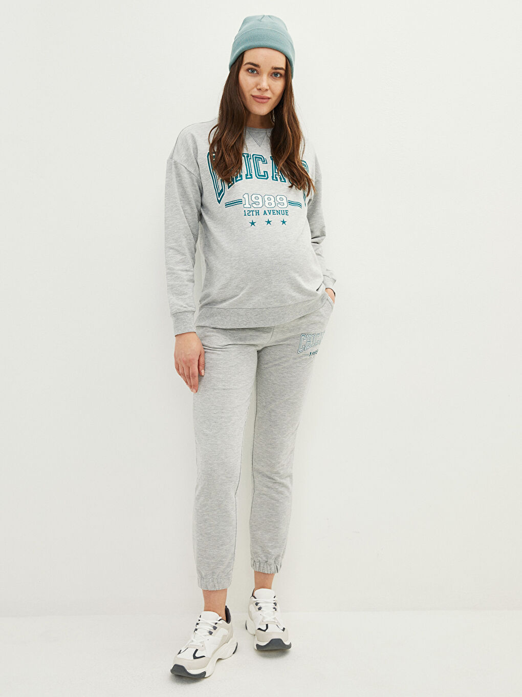 LCWAIKIKI Maternity Gri Melanj Bisiklet Yaka Baskılı Uzun Kollu Hamile Sweatshirt - 2