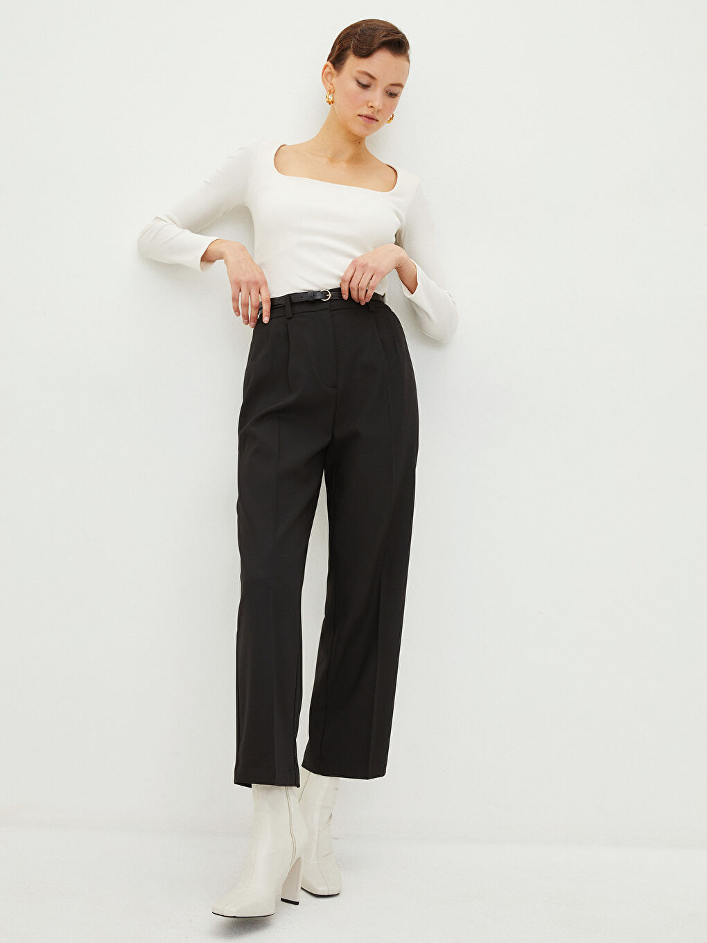 Siyah Kadın Yüksek Bel Standart Fit Düz Pantolon-2