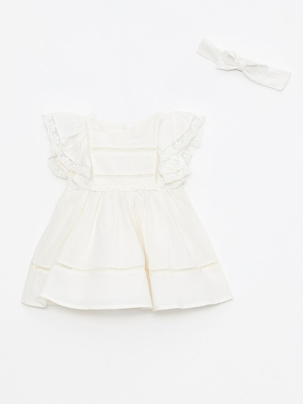 Ekru Bisiklet Yaka Kısa Kollu Pamuklu Kız Bebek Elbise ve Saç Bandı 2'li Takım
