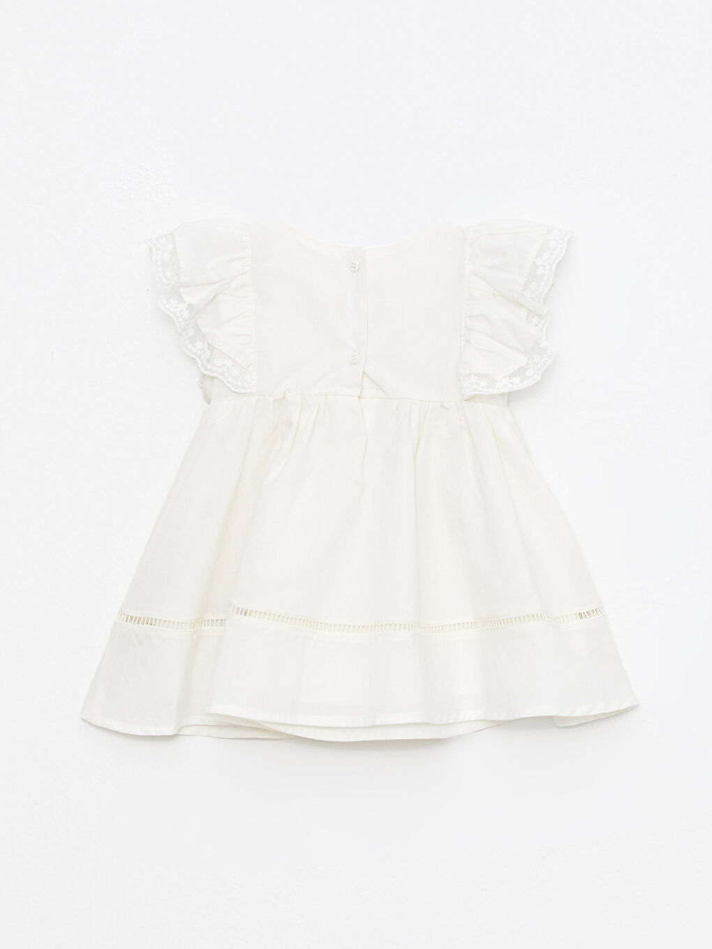 Ekru Bisiklet Yaka Kısa Kollu Pamuklu Kız Bebek Elbise ve Saç Bandı 2'li Takım-1