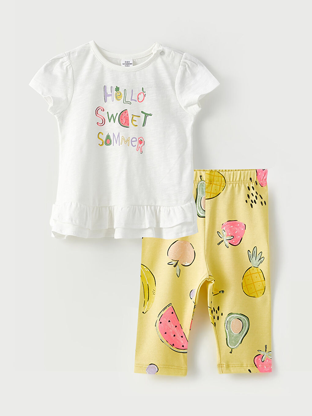 Ekru Bisiklet Yaka Kısa Kollu Baskılı Pamuklu Kız Bebek Tişört ve Tayt 2'li Takım