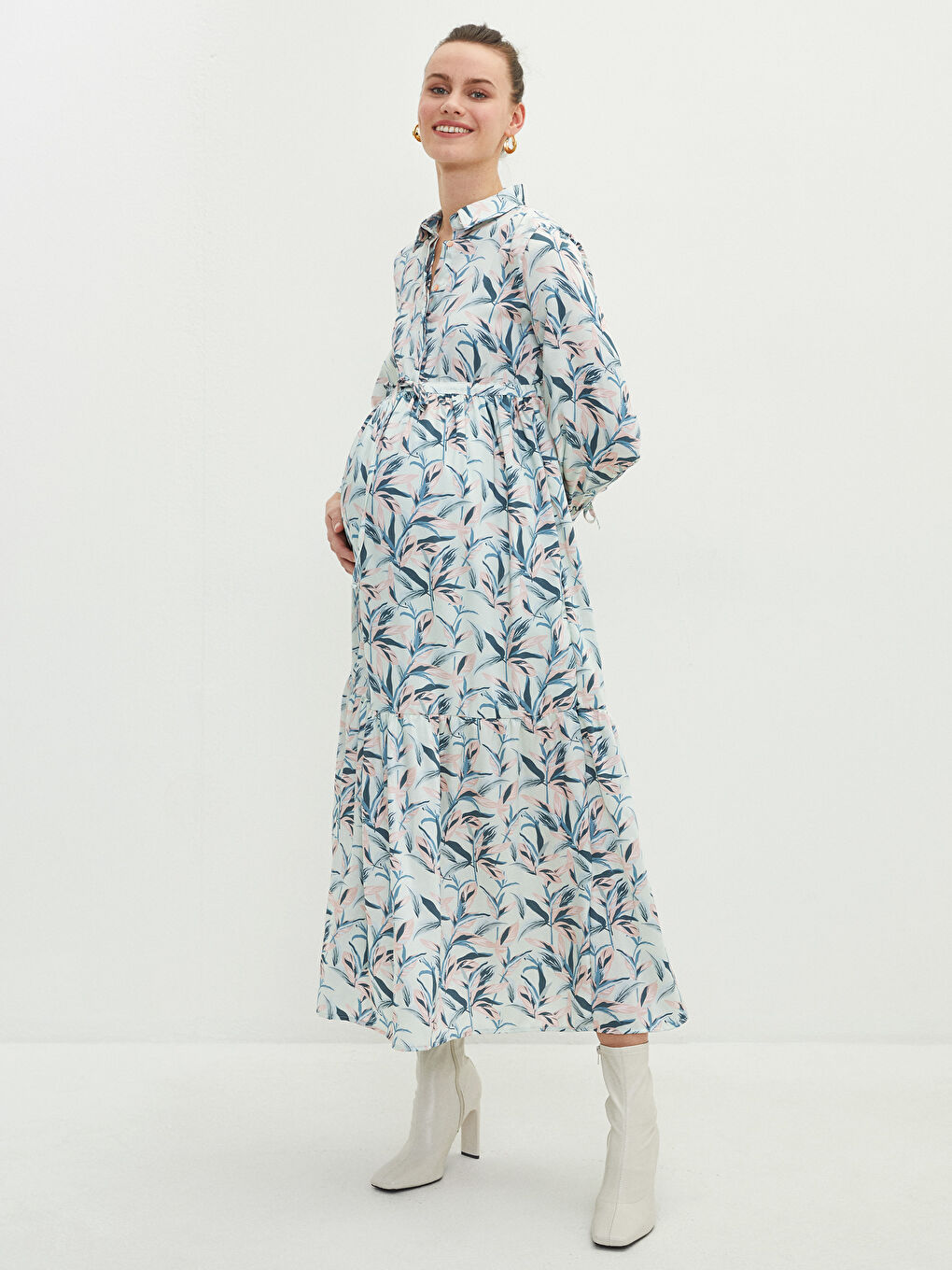 Karışık Gömlek Yaka Desenli Uzun Kollu Poplin Hamile Elbise