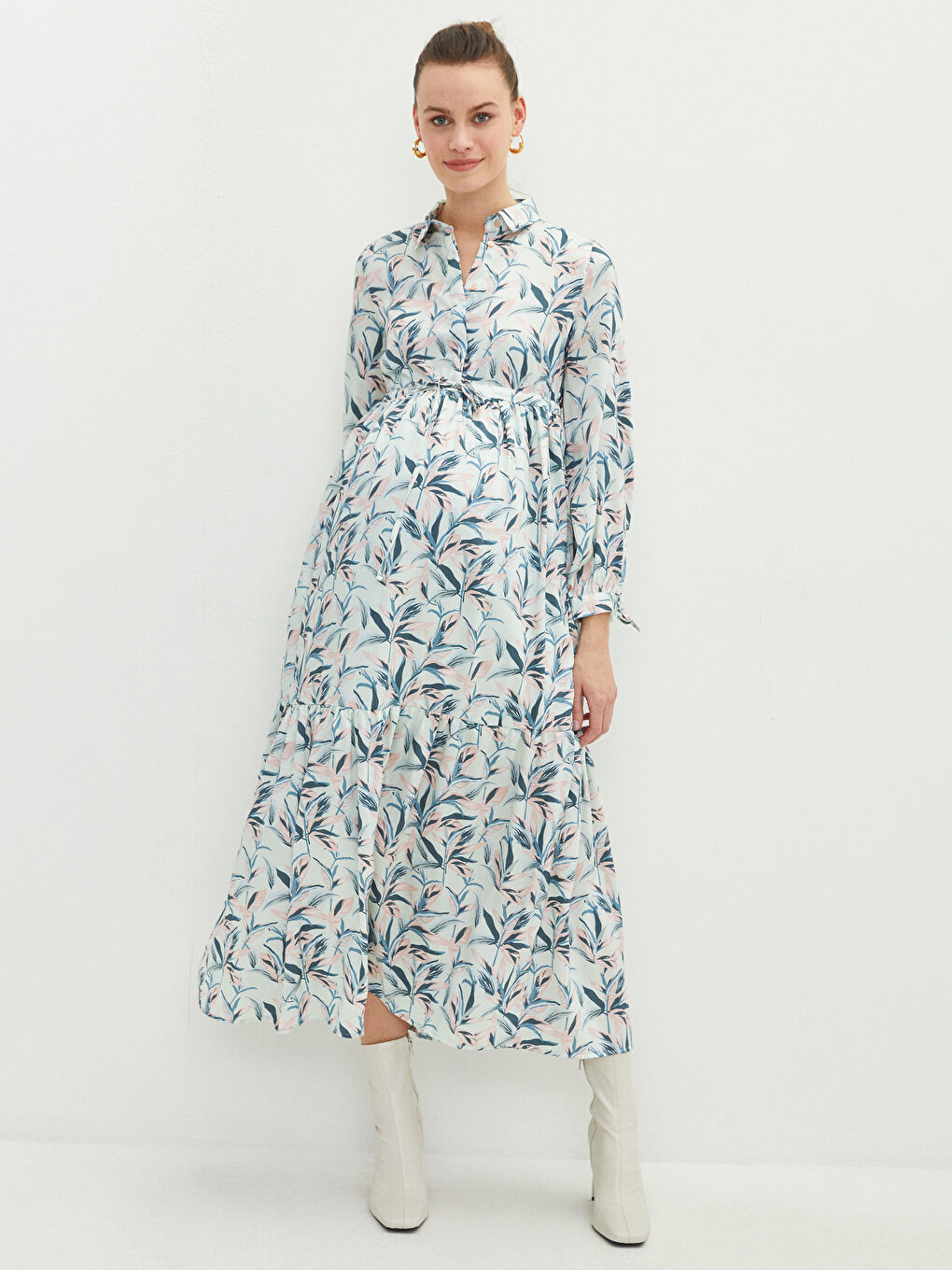 Karışık Gömlek Yaka Desenli Uzun Kollu Poplin Hamile Elbise-1