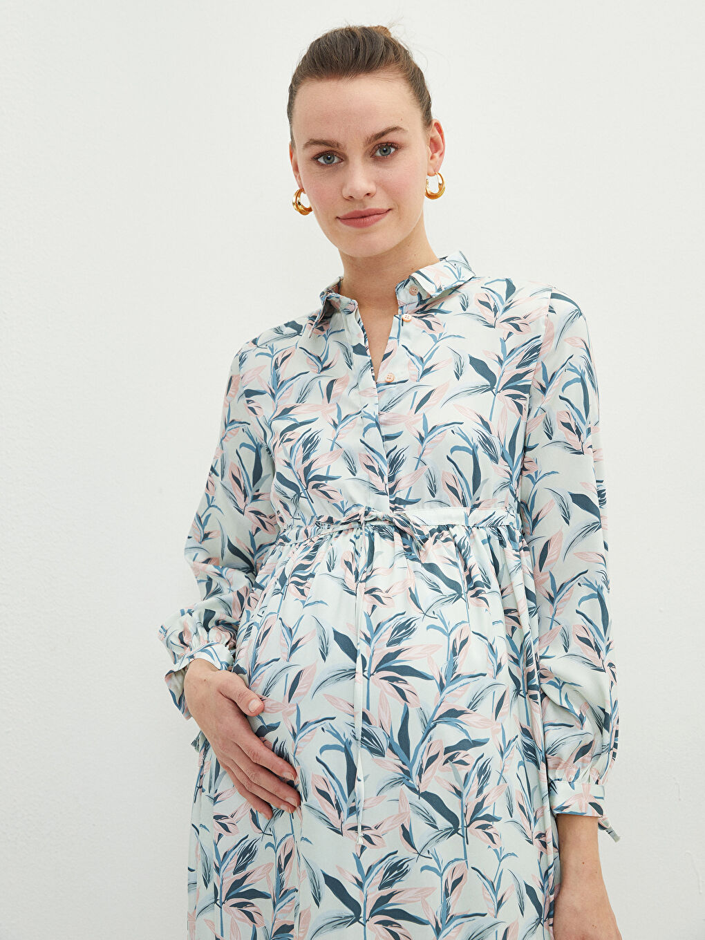 Karışık Gömlek Yaka Desenli Uzun Kollu Poplin Hamile Elbise-2