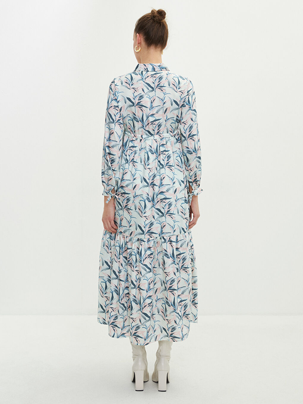 Karışık Gömlek Yaka Desenli Uzun Kollu Poplin Hamile Elbise-4