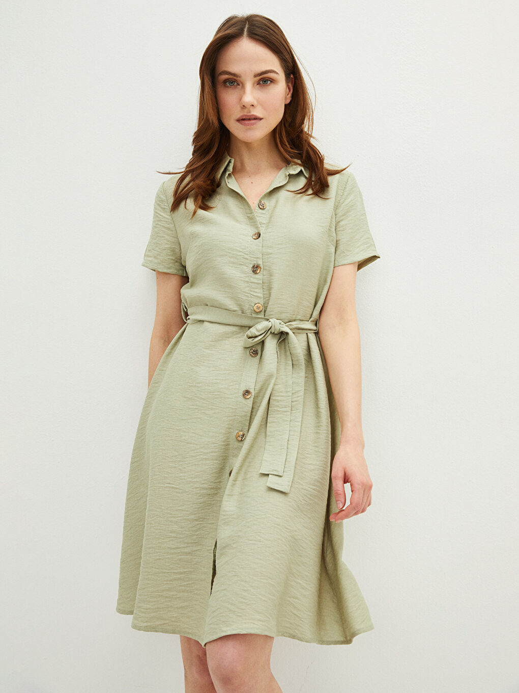 Yeşil Düz Kısa Kollu Kadın Gömlek Elbise