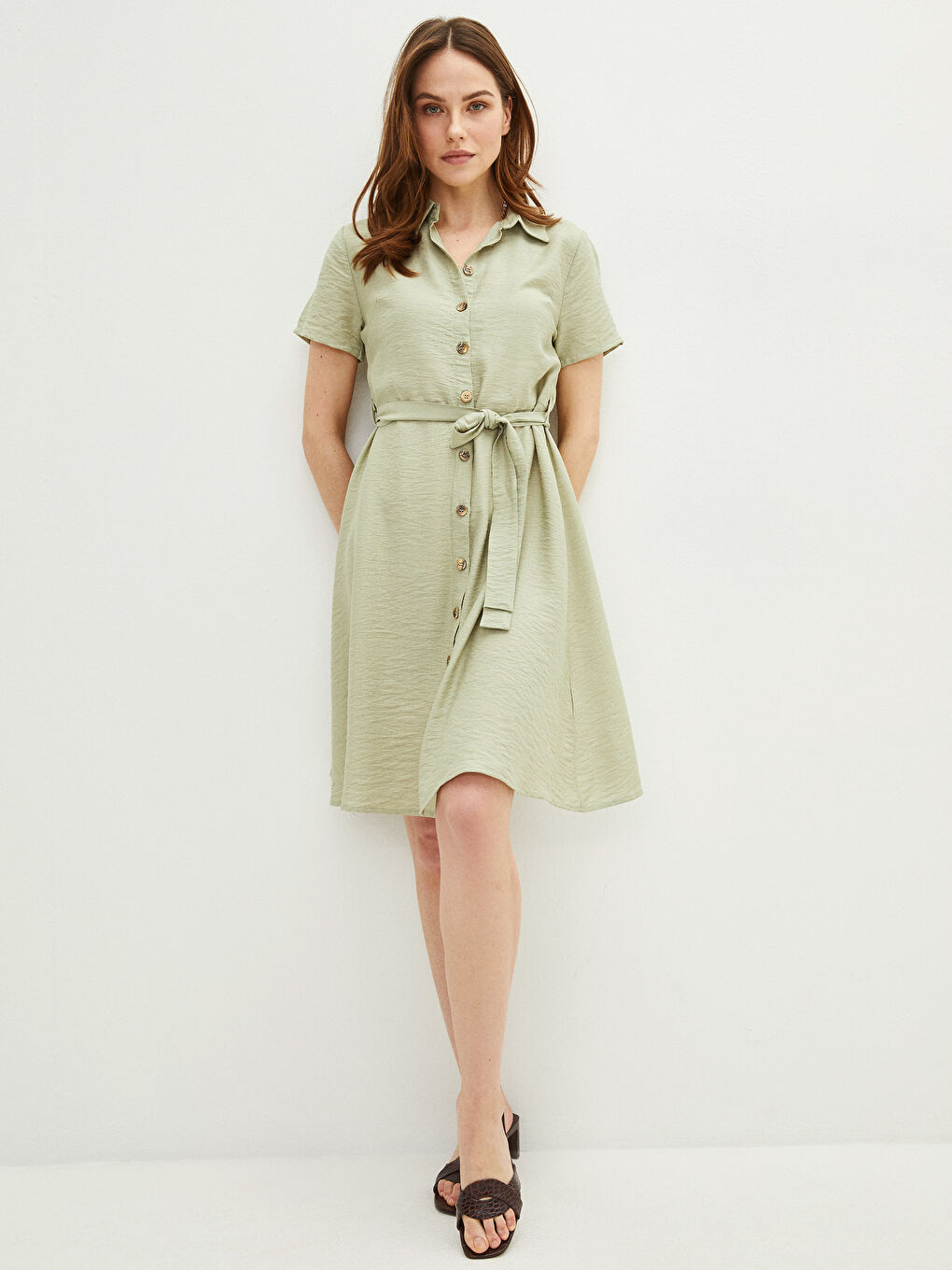 Yeşil Düz Kısa Kollu Kadın Gömlek Elbise-1