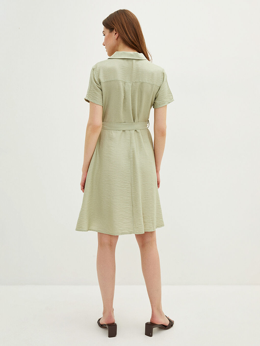 Yeşil Düz Kısa Kollu Kadın Gömlek Elbise-3