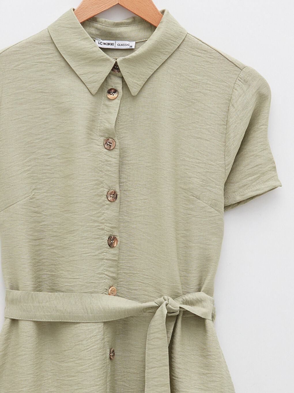 Yeşil Düz Kısa Kollu Kadın Gömlek Elbise-6