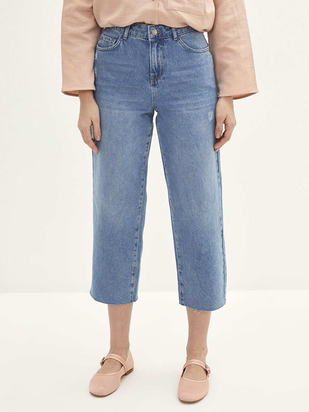 İndigo Wideleg Düz Cep Detaylı Geniş Paça Kadın Jean Pantolon-2