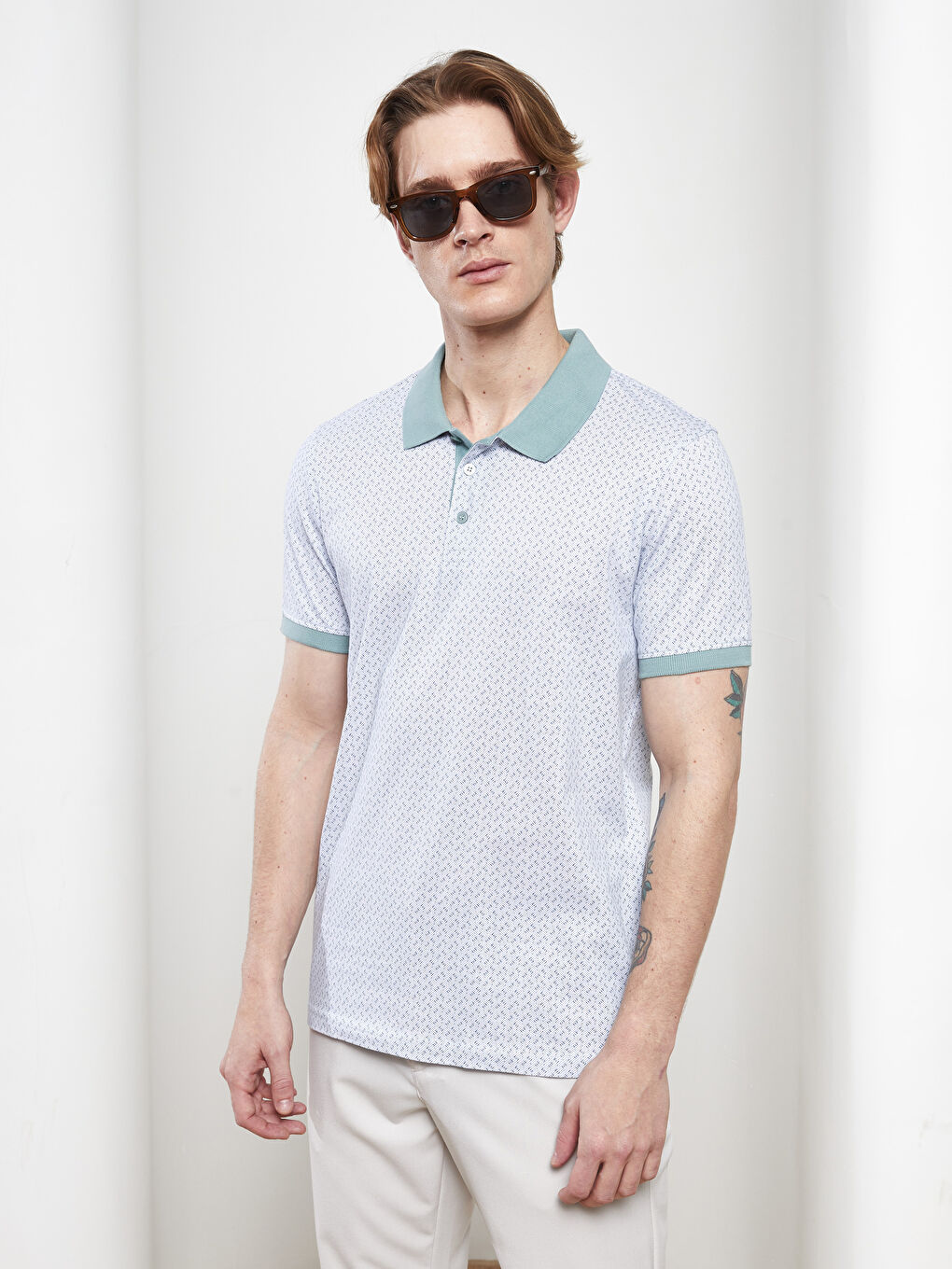 Yeşil Polo Yaka Kısa Kollu Penye Erkek Tişört-1