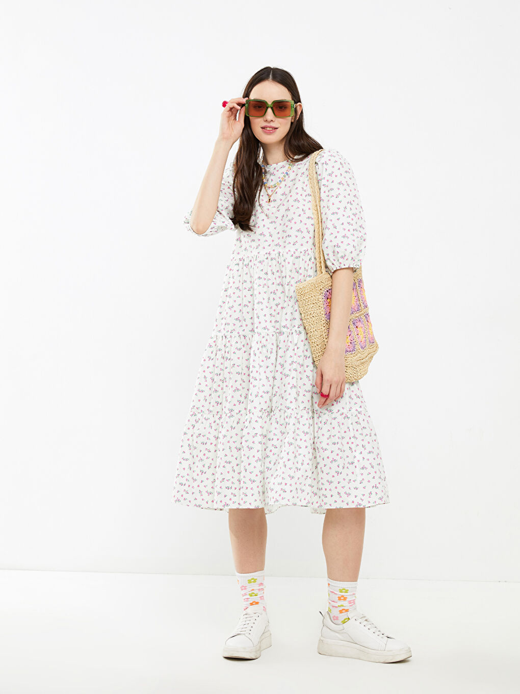 Crew Neck Floral Short Sleeve Women's Poplin Dress