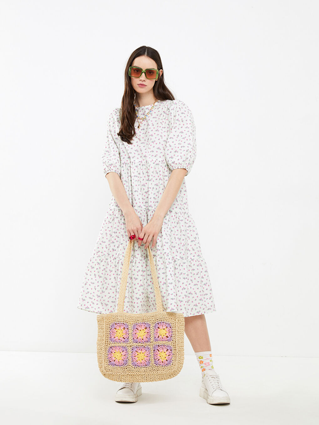 Crew Neck Floral Short Sleeve Women's Poplin Dress-1